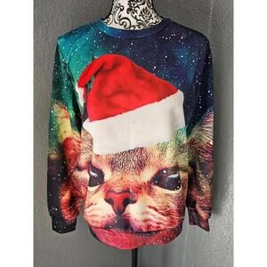 Unbranded Christmas Cat Sweater Long Sleeve Pullover Two Sided Size Small Funny